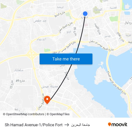 Sh Hamad Avenue-1/Police Fort to جامعة البحرين map