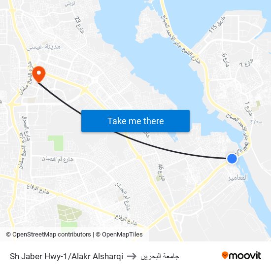 Sh Jaber Hwy-1/Alakr Alsharqi to جامعة البحرين map