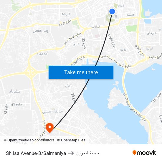 Sh.Isa Avenue-3/Salmaniya to جامعة البحرين map