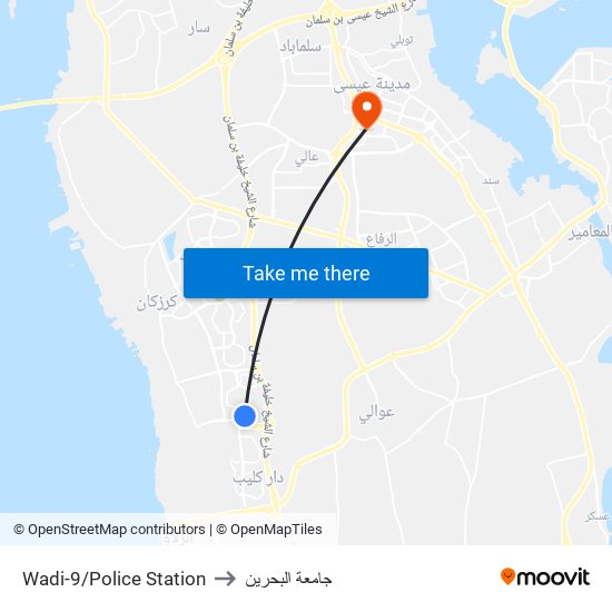 Wadi-9/Police Station to جامعة البحرين map