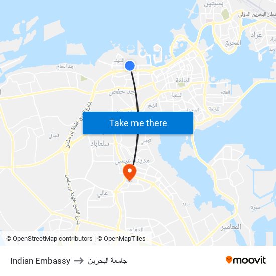 Indian Embassy to جامعة البحرين map