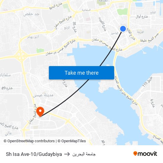 Sh Isa Ave-10/Gudaybiya to جامعة البحرين map