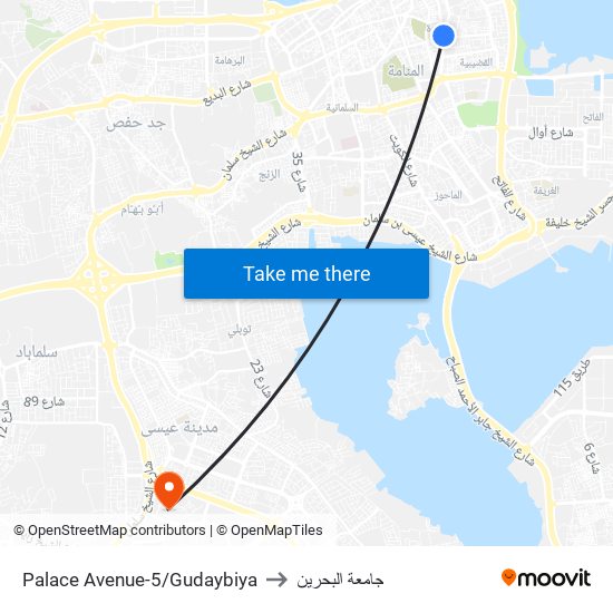 Palace Avenue-5/Gudaybiya to جامعة البحرين map
