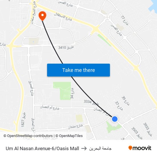 Um Al Nasan Avenue-6/Oasis Mall to جامعة البحرين map