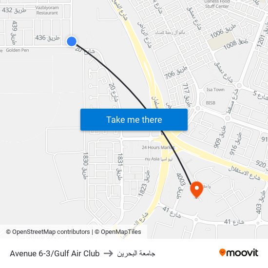 Avenue 6-3/Gulf Air Club to جامعة البحرين map