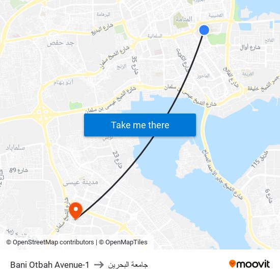 Bani Otbah Avenue-1 to جامعة البحرين map