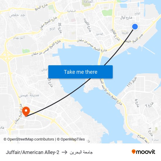 Juffair/American Alley-2 to جامعة البحرين map