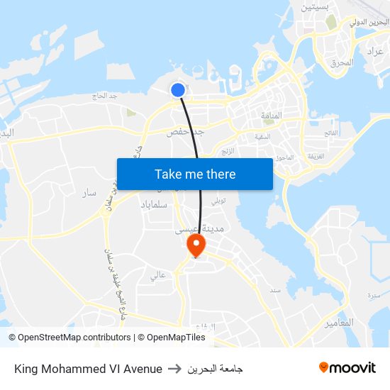 King Mohammed VI Avenue to جامعة البحرين map