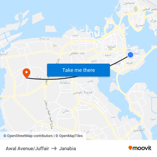 Awal Avenue/Juffair to Janabia map