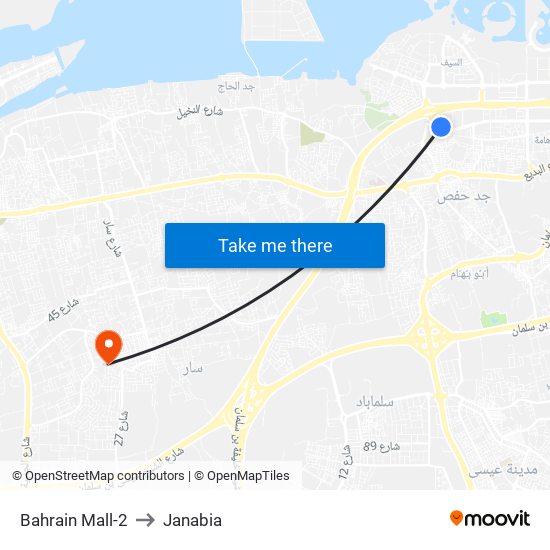 Bahrain Mall-2 to Janabia map