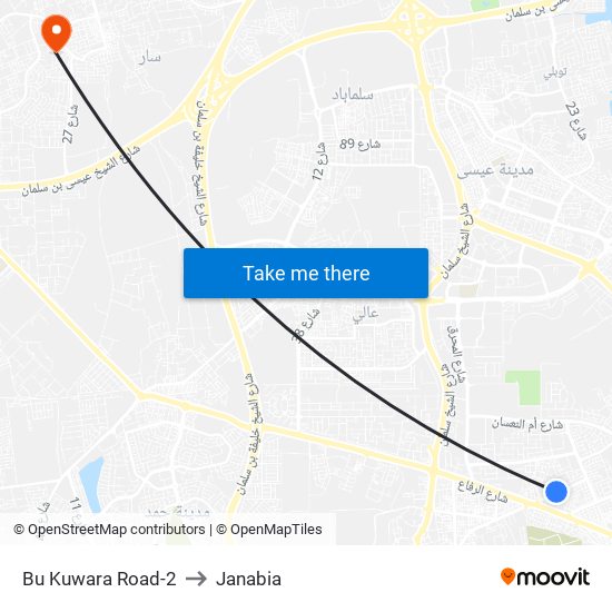 Bu Kuwara Road-2 to Janabia map
