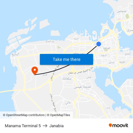 Manama Terminal 5 to Janabia map