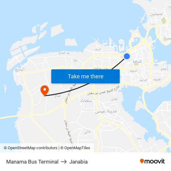 Manama Bus Terminal to Janabia map