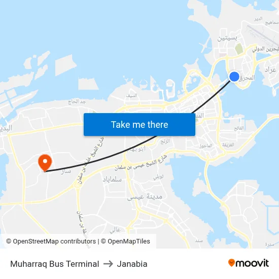 Muharraq Bus Terminal to Janabia map
