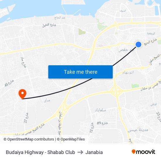 Budaiya Highway - Shabab Club to Janabia map
