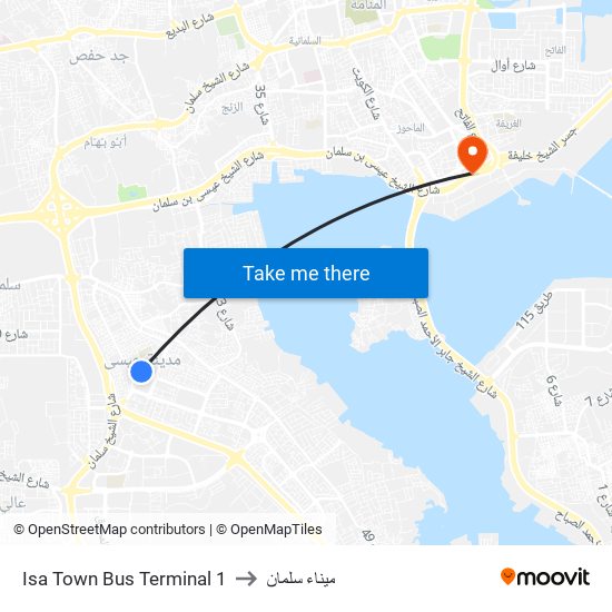 Isa Town Bus Terminal 1 to ميناء سلمان map