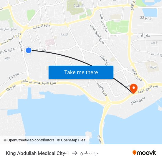 King Abdullah Medical City-1 to ميناء سلمان map