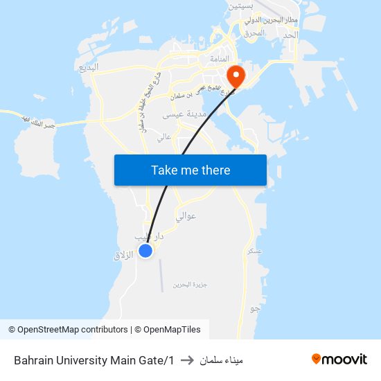 Bahrain University Main Gate/1 to ميناء سلمان map
