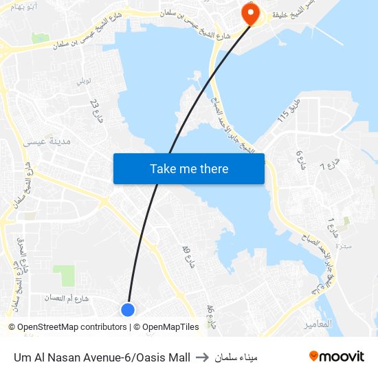 Um Al Nasan Avenue-6/Oasis Mall to ميناء سلمان map