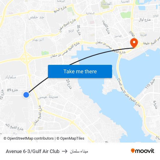 Avenue 6-3/Gulf Air Club to ميناء سلمان map