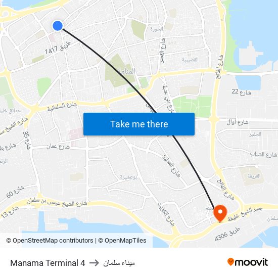 Manama Terminal 4 to ميناء سلمان map