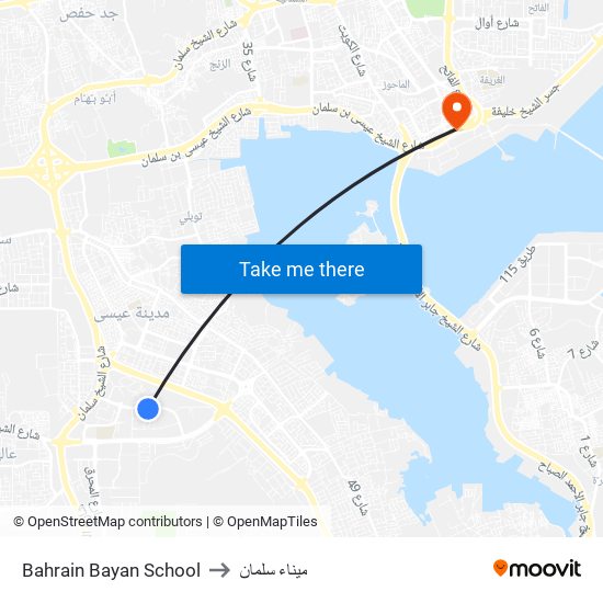 Bahrain Bayan School to ميناء سلمان map