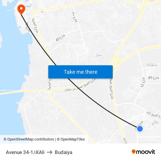 Avenue 34-1/A'Ali to Budaiya map