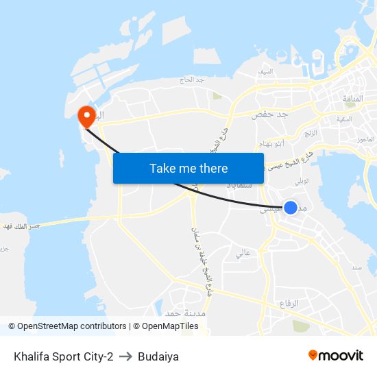 Khalifa Sport City-2 to Budaiya map