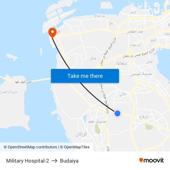 Military Hospital-2 to Budaiya map