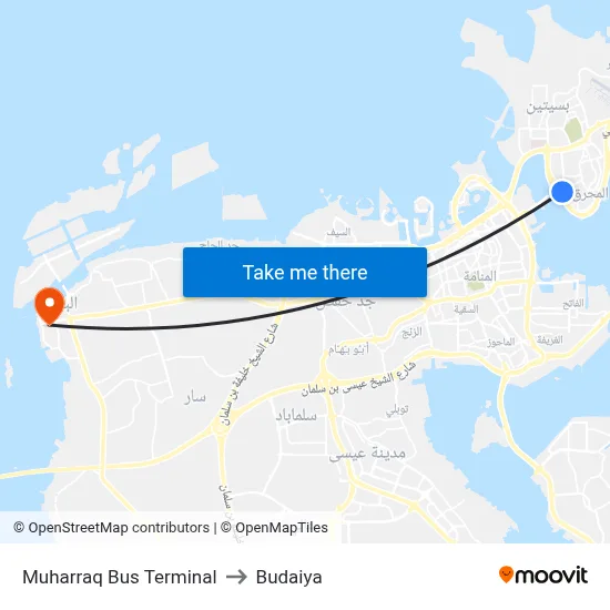 Muharraq Bus Terminal to Budaiya map