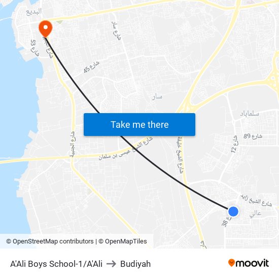 A'Ali Boys School-1/A'Ali to Budiyah map
