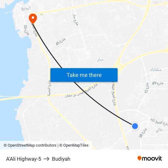 A'Ali Highway-5 to Budiyah map