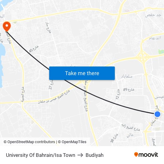 University Of Bahrain/Isa Town to Budiyah map