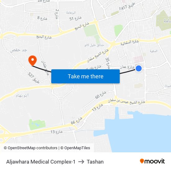 Aljawhara Medical Complex-1 to Tashan map