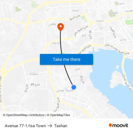 Avenue 77-1/Isa Town to Tashan map