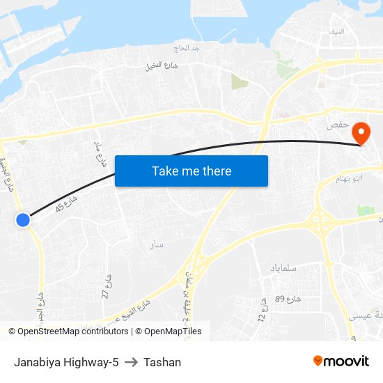 Janabiya Highway-5 to Tashan map