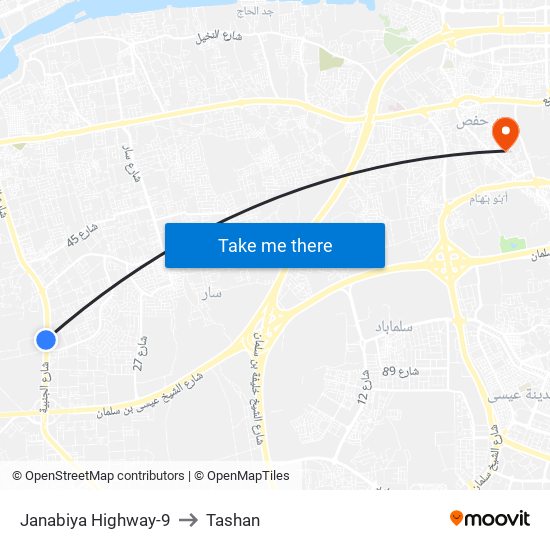 Janabiya Highway-9 to Tashan map
