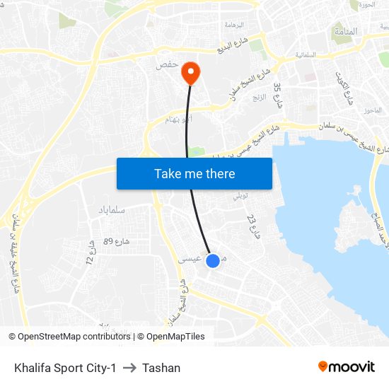 Khalifa Sport City-1 to Tashan map