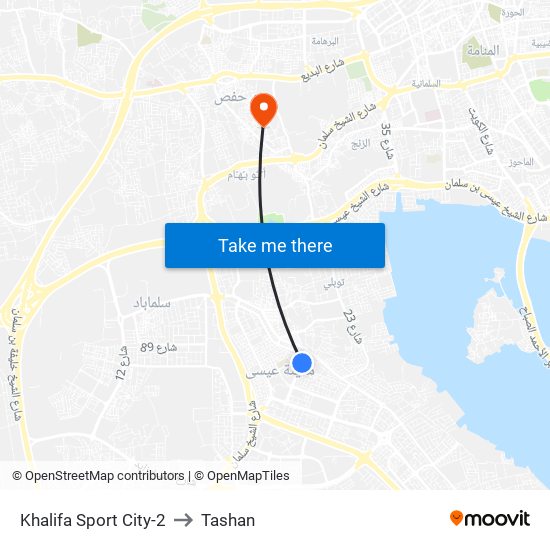 Khalifa Sport City-2 to Tashan map