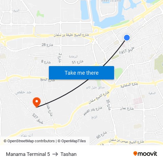 Manama Terminal 5 to Tashan map