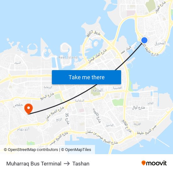 Muharraq Bus Terminal to Tashan map