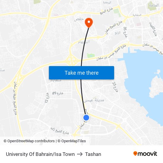 University Of Bahrain/Isa Town to Tashan map