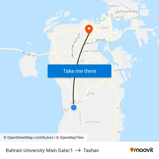 Bahrain University Main Gate/1 to Tashan map