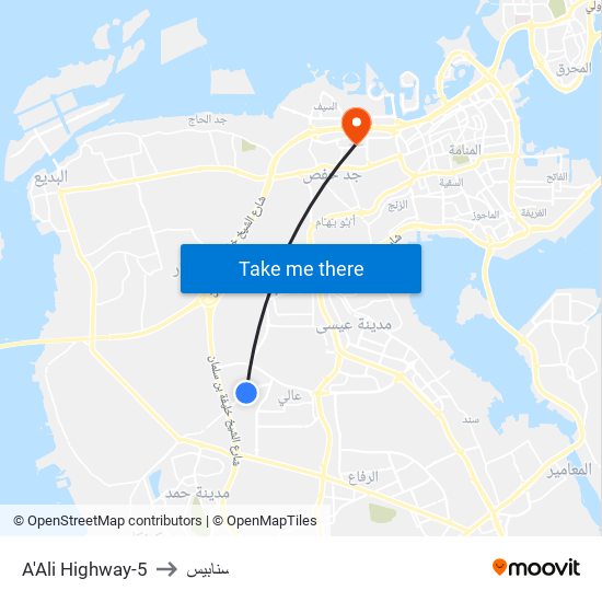 A'Ali Highway-5 to سنابيس map