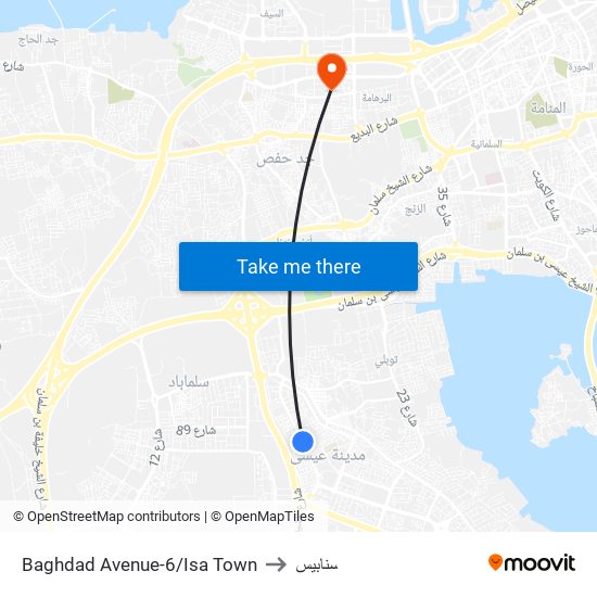 Baghdad Avenue-6/Isa Town to سنابيس map