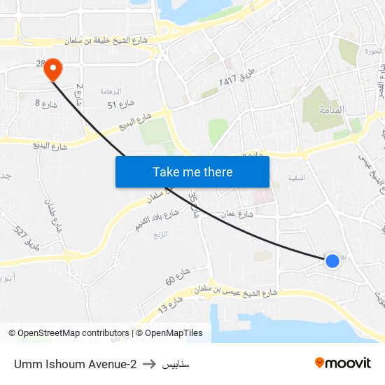Umm Ishoum Avenue-2 to سنابيس map