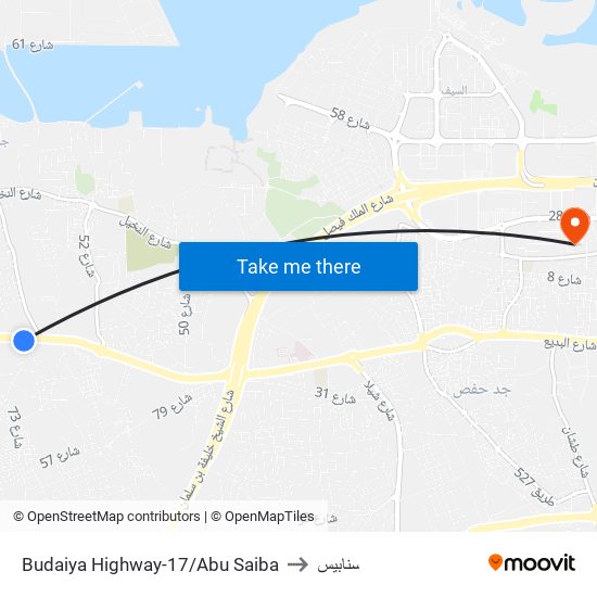 Budaiya Highway-17/Abu Saiba to سنابيس map