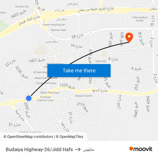 Budaiya Highway-26/Jidd Hafs to سنابيس map