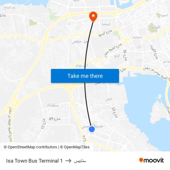 Isa Town Bus Terminal 1 to سنابيس map