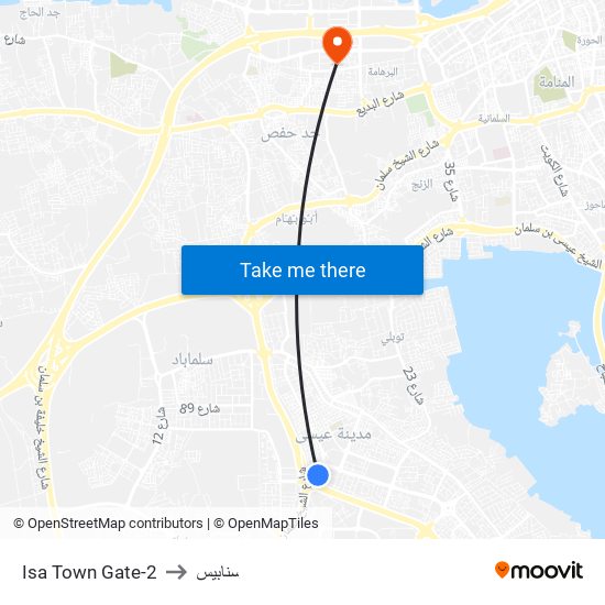 Isa Town Gate-2 to سنابيس map